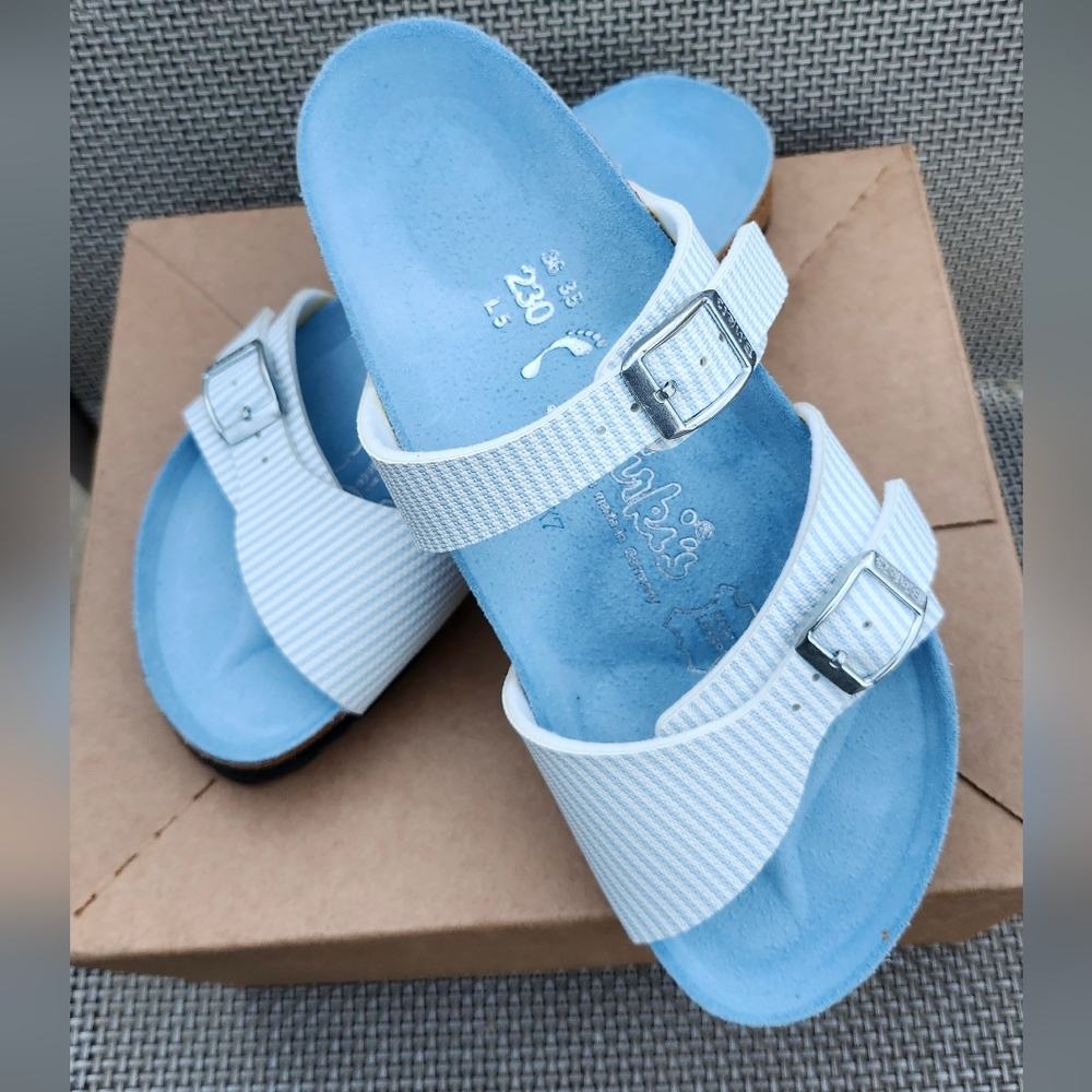 NWOT Birki's Birkenstock Seersucker Stripe Double Strap Comfort Sandals Size 36